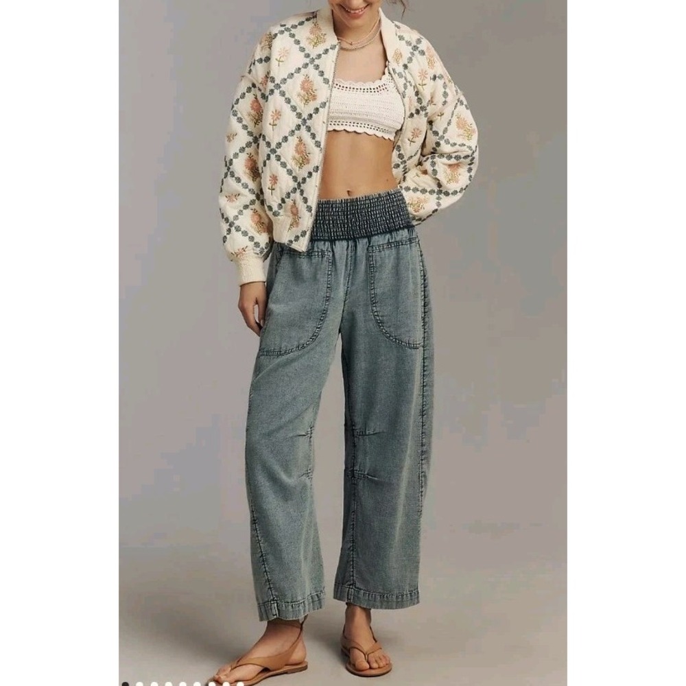 Pilcro Reese Smocked Pull-On Barrel Jeans Women's Small Petite OVERSIZED Blue